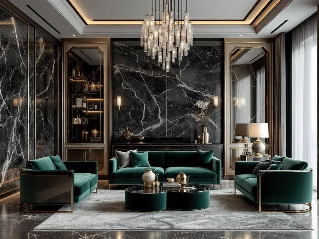 Luxe moderne woonkamer met smaragdgroene fluwelen meubels, marmeren oppervlakken en kristallen kroonluchters