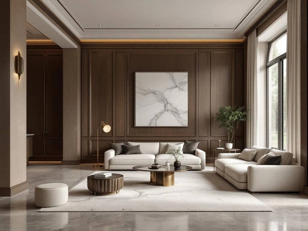 Luxe woonkamer met walnotenhouten lambrisering, marmeren oppervlakken en leren meubels in neutrale tinten