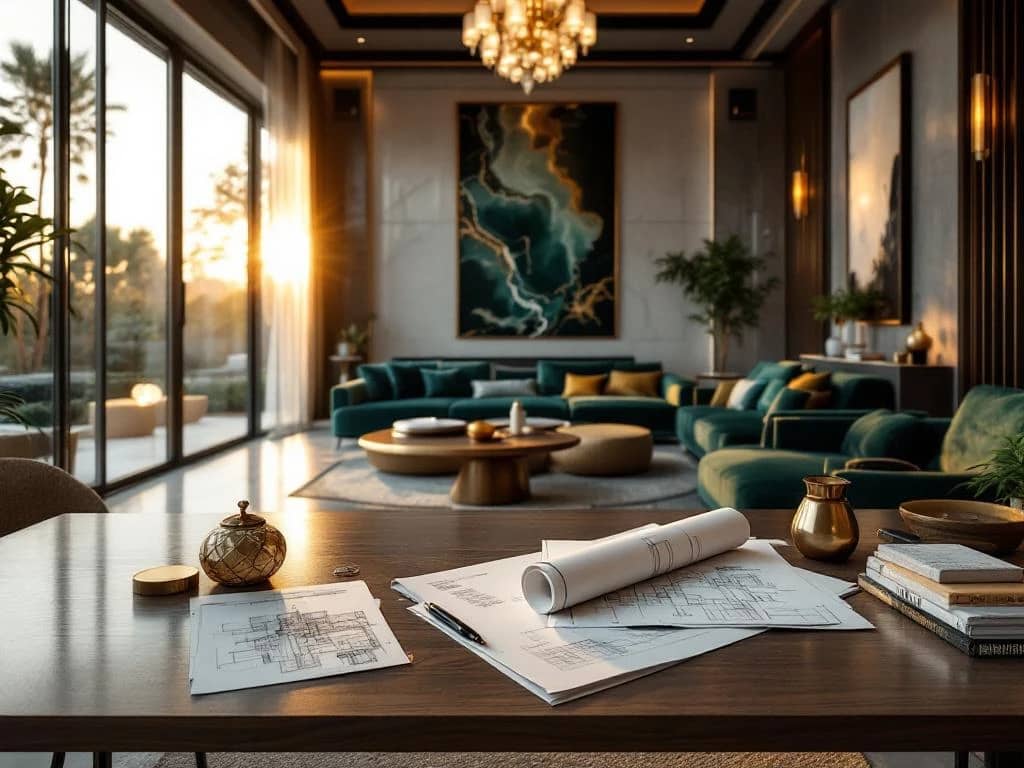 Luxe moderne woonkamer met smaragdgroen fluweel, marmeren oppervlakken en interieuradvies materialen op walnotentafel