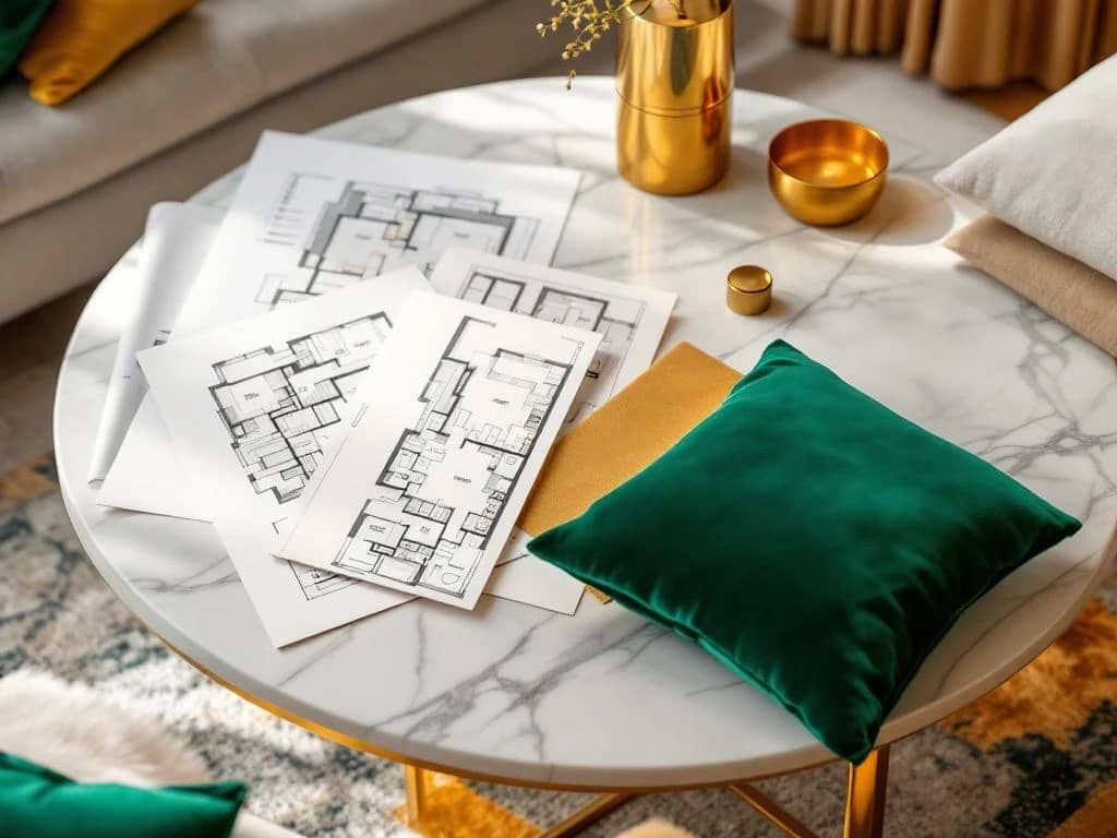 Luxe moderne woonkamer met architecturale blauwdrukken en stoffenstalen op marmeren salontafel tijdens interieurconsult