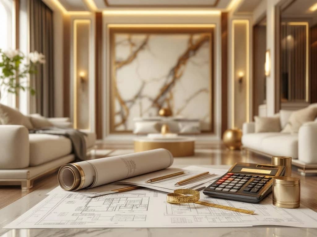 Luxe woonkamer met marmeren oppervlakken, hardhouten vloer en gouden verlichting, met blauwdrukken en materiaalstalen