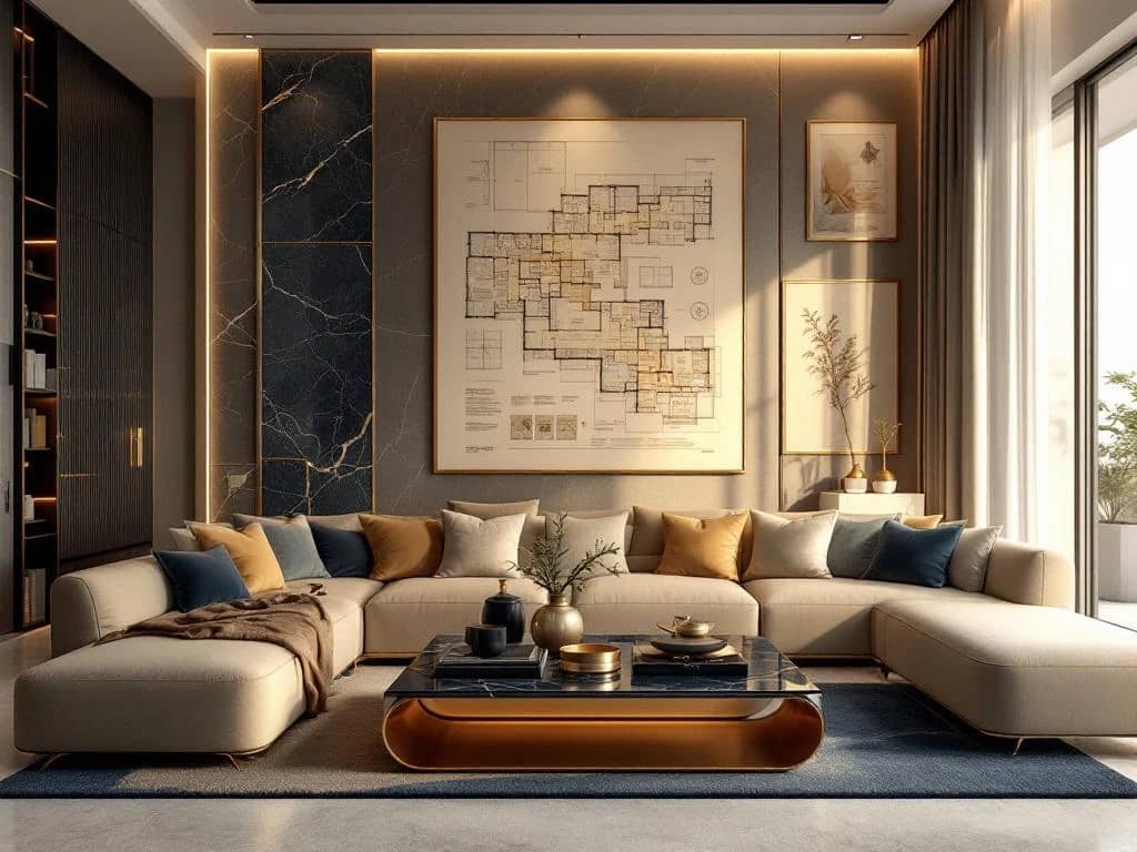 Luxe moderne woonkamer met gouden accenten, marmeren oppervlakken en ontwerpblauwdrukken op salontafel
