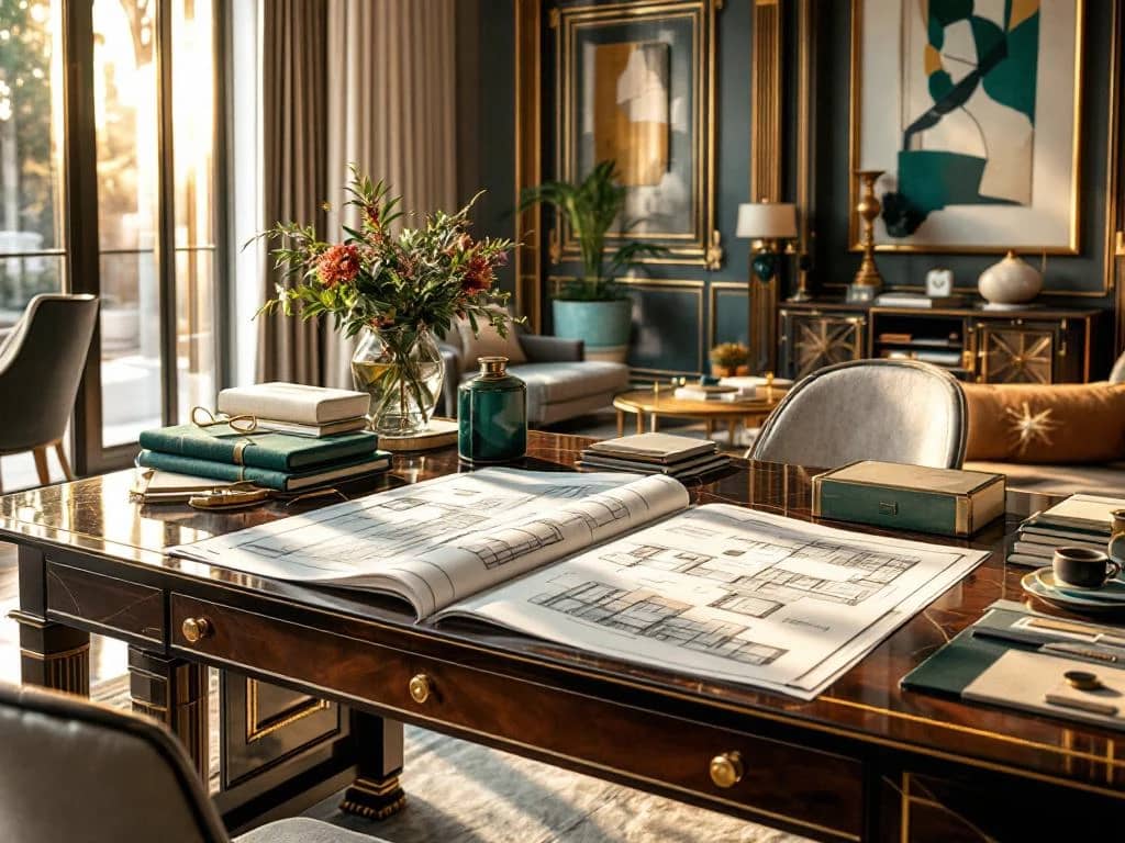 Luxe interieurontwerp studio met mahoniehout bureau, stoffenstalen en blauwdrukken in gouden zonlicht