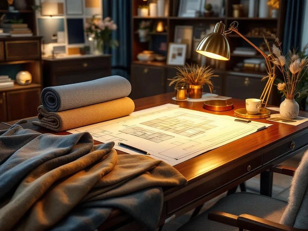 Luxe interieurontwerp werkruimte met mahonie bureau, blauwdrukken, stofstalen en gouden bureaulamp in professionele studio