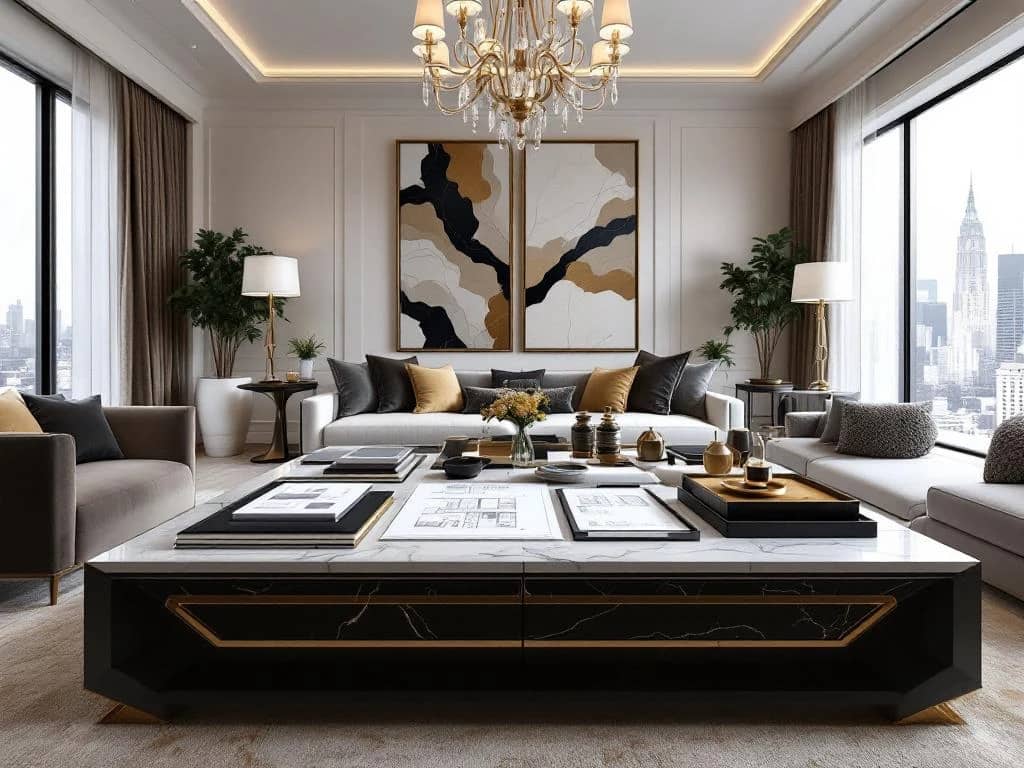 Luxe moderne woonkamer met designconsultatie, marmeren salontafel met stofstalen, fluwelen meubels en kristallen kroonluchters