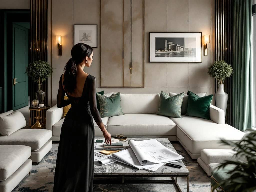 Luxe moderne woonkamer met huiseigenaar die designelementen toont, blauwdrukken op marmeren tafel, smaragd accenten