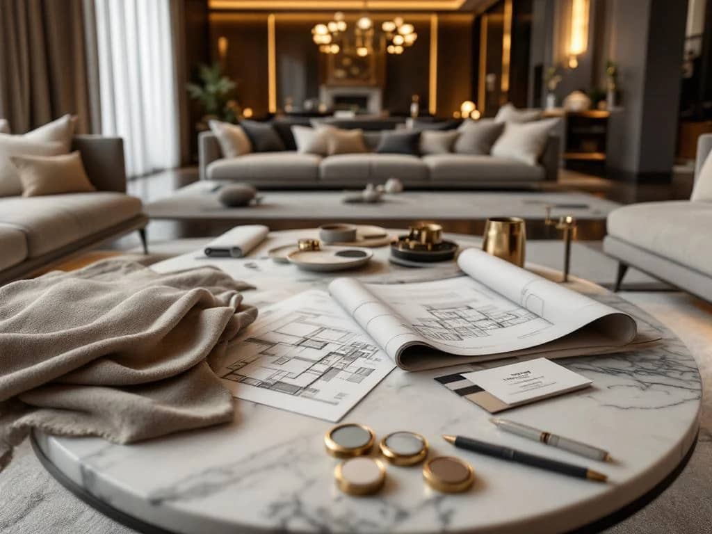Luxe moderne woonkamer met marmeren salontafel, blauwdrukken en stoffenstalen tijdens interieurontwerp consultatie