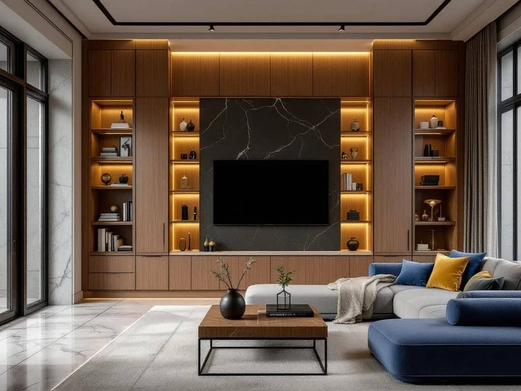 Luxe moderne woonkamer met op maat gemaakte inbouwkasten, marmer en houtfineer in blauw-gouden kleurenpalet