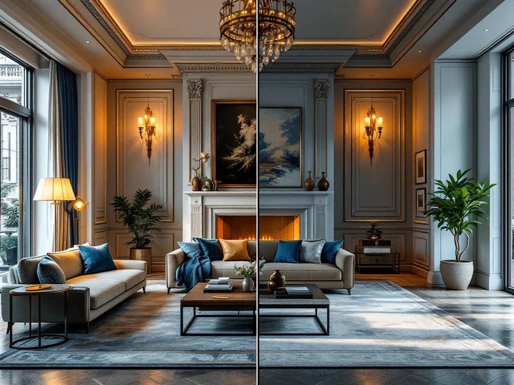 Luxe woonkamer split-screen: klassieke renovatie met gouden verlichting links, moderne redesign rechts