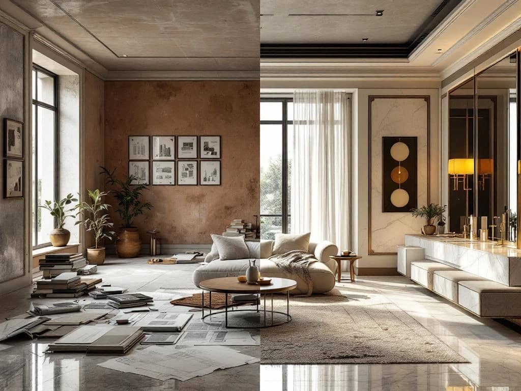 Luxe interieur renovatie voor-en-na transformatie van onafgewerkte ruimte naar elegante kamer met marmer en maatwerk