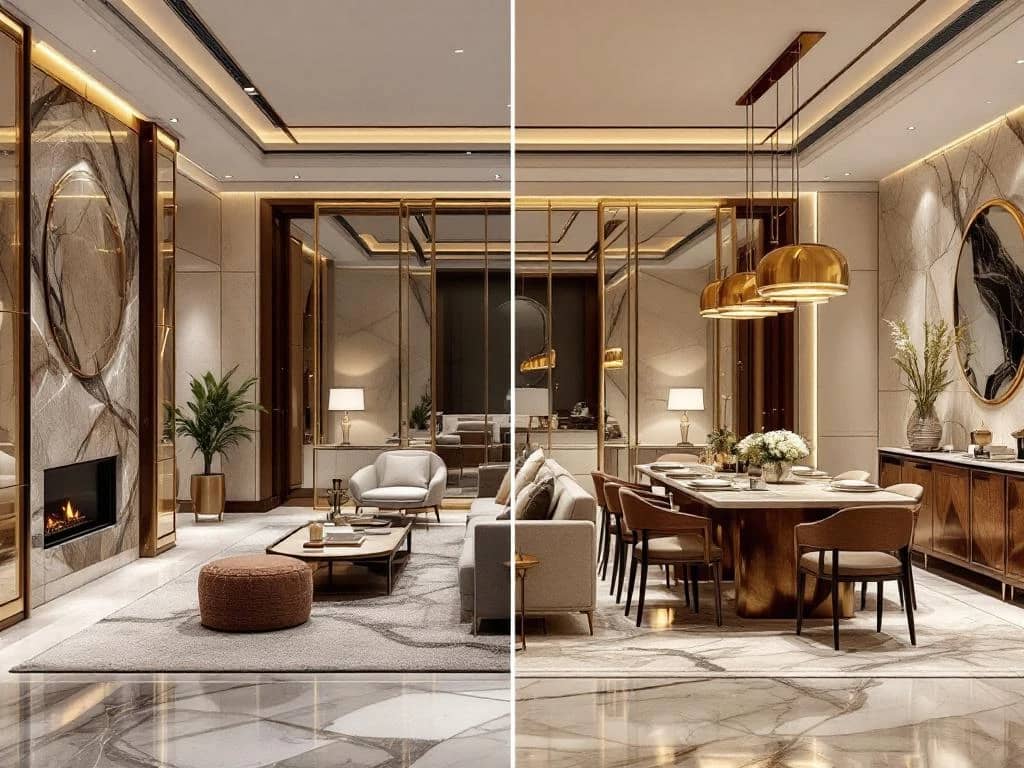 Luxe woonkamer en eetkamer met marmeren oppervlakken, gouden verlichting en neutrale tinten in split-screen compositie