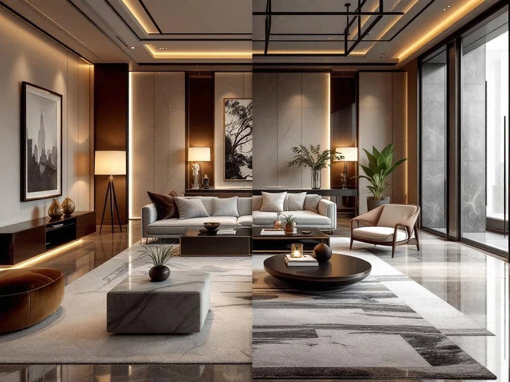 Luxe interieur vergelijking: warme woonkamer met fluwelen meubels links, moderne hotellobby met geometrisch design rechts