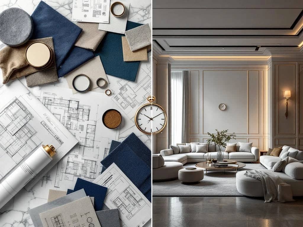 Luxe interieurontwerp transformatie van blauwdruk naar voltooide woonkamer met premium meubilair en verfijnde verlichting