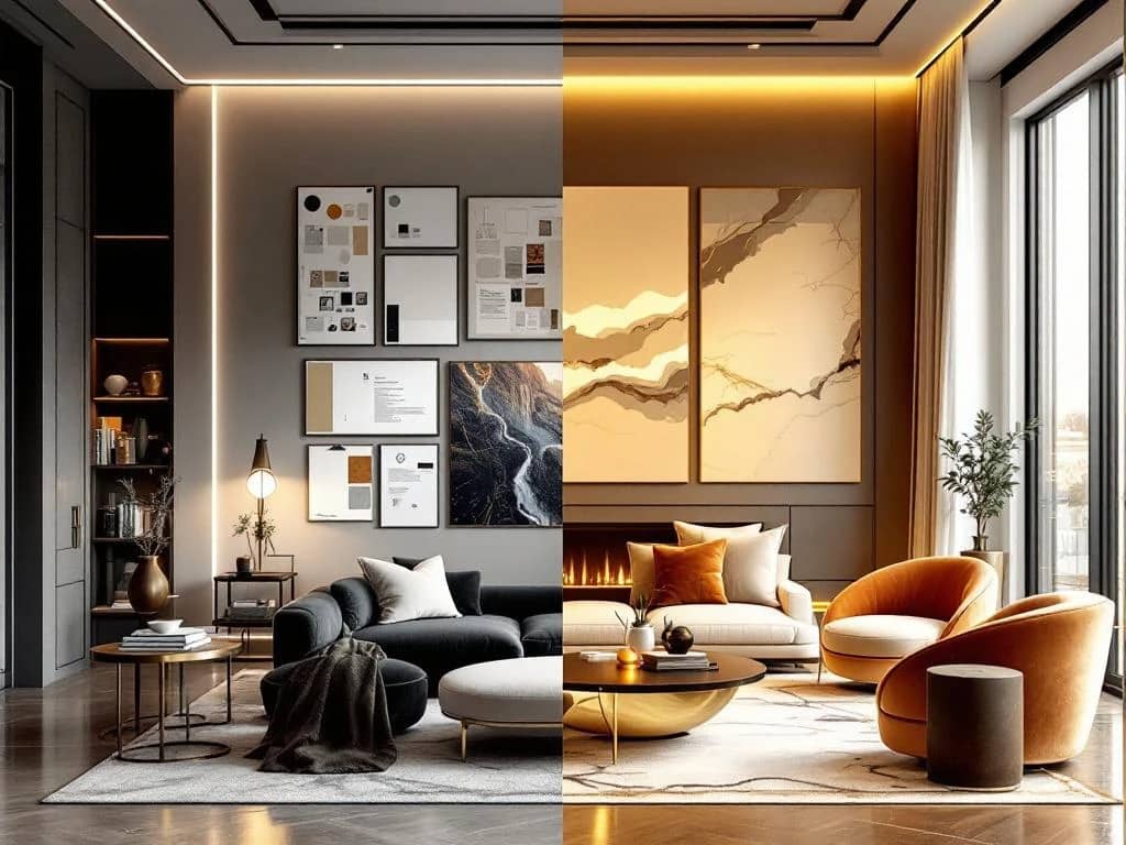 Luxe woonkamer met split-compositie toont ontwerpproces van moodboards tot afgewerkt interieur met marmer en fluweel