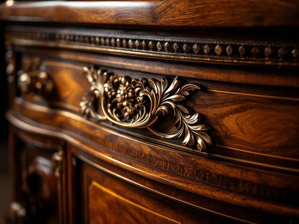 Luxe houten meubeldetails met handgesneden ornamenten en precieze houtverbindingen in warme verlichting