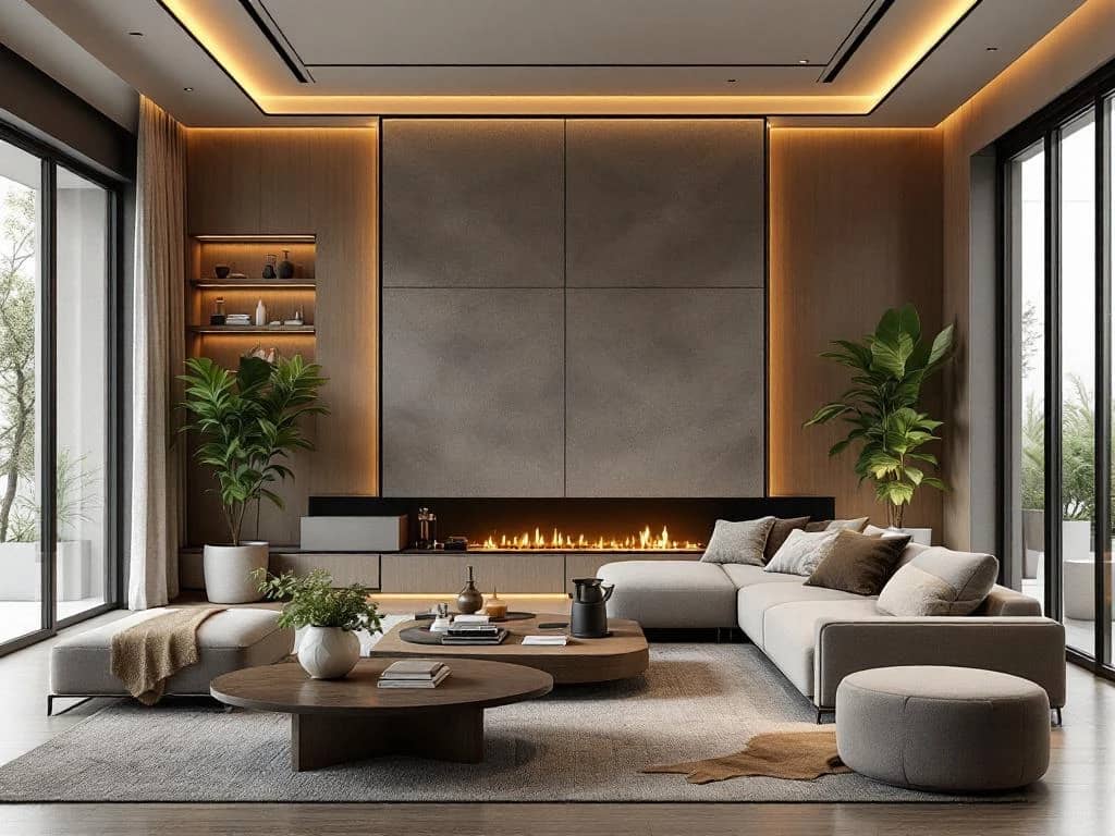 Luxe moderne woonkamer met 2025 designtrends, neutrale kleuren, duurzame materialen en slimme technologie