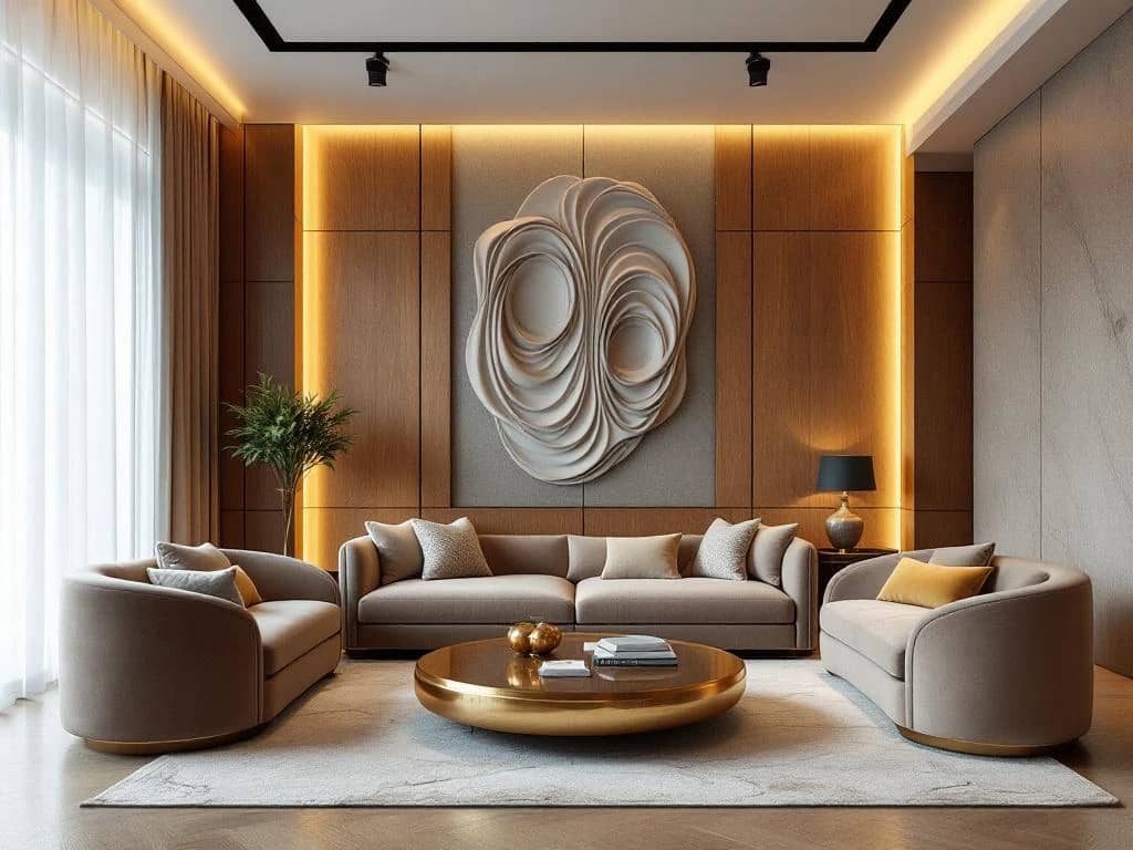 Luxe moderne woonkamer met houten akoestische panelen, fluwelen meubilair en gouden accenten voor geluidsoptimalisatie