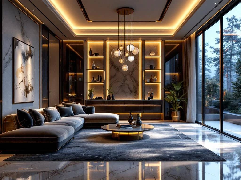 Luxe moderne woonkamer met fluwelen kussens, marmeren oppervlakken en warme verlichting door grote ramen