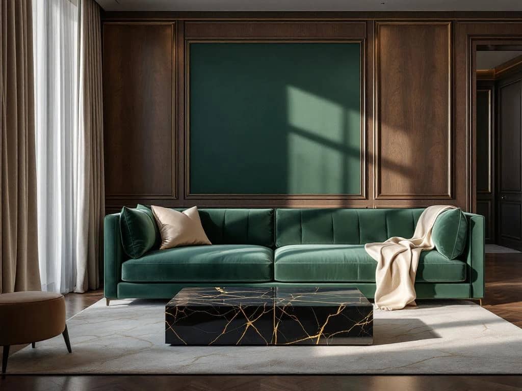 Luxe moderne woonkamer met smaragdgroene fluwelen bank, marmeren salontafel en warme gouden verlichting