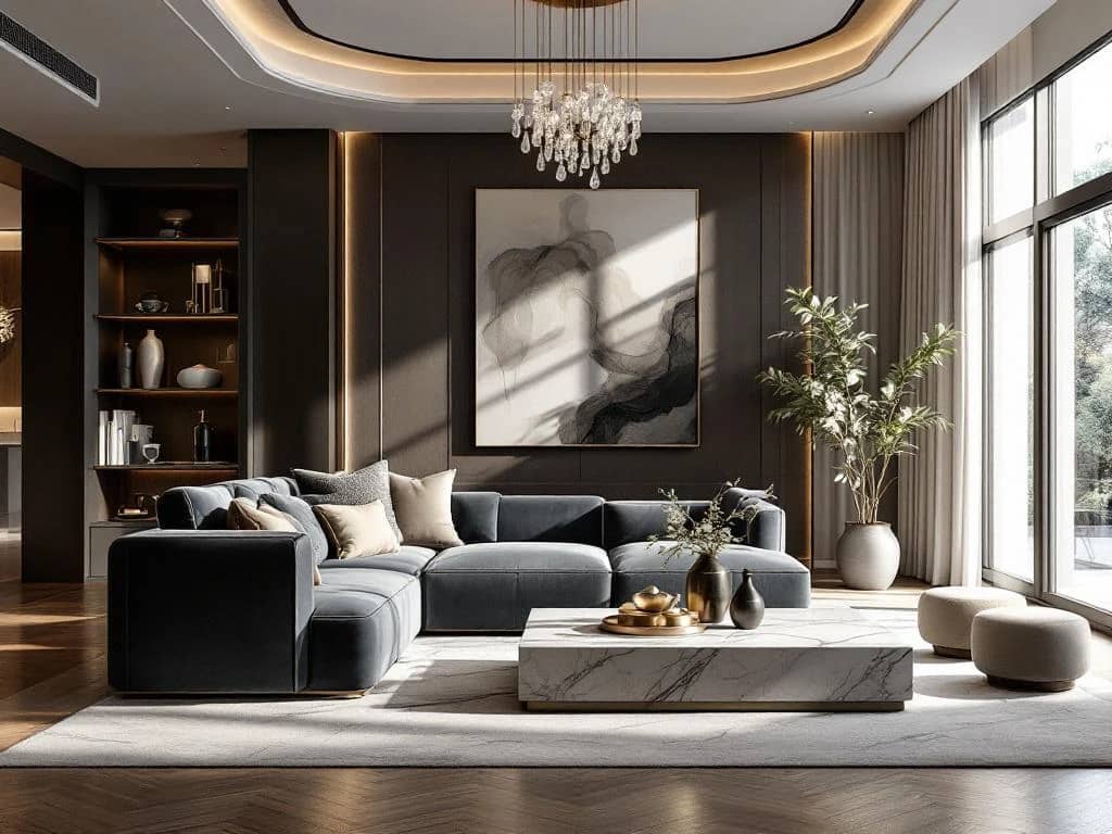 Luxe moderne woonkamer met fluwelen bank, marmeren salontafel en kristallen kroonluchter in neutrale tinten