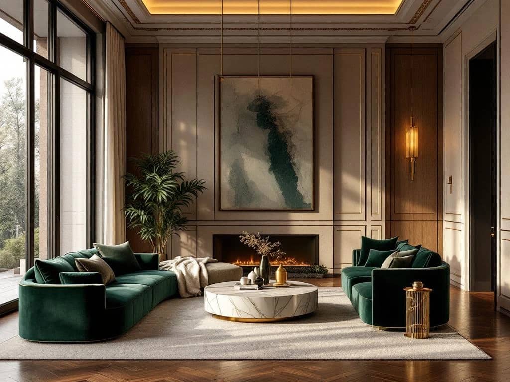 Luxe moderne woonkamer met smaragdgroene fluwelen bank, marmeren salontafel en gouden verlichting bij zonsondergang