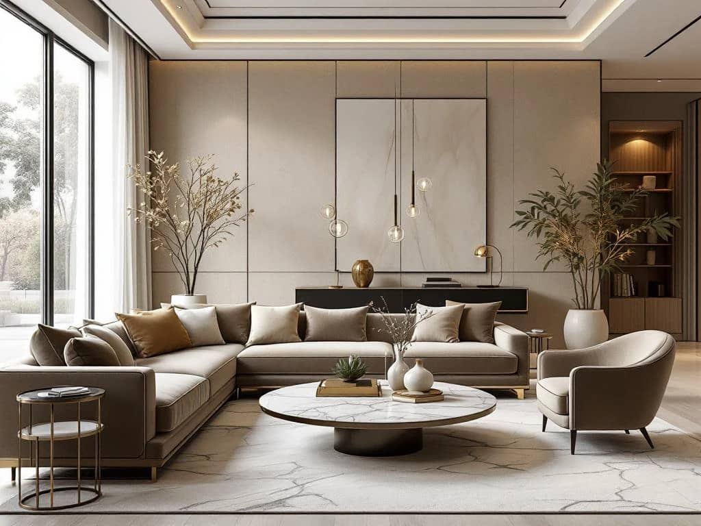 Luxe moderne woonkamer met fluwelen bank, marmeren salontafel en neutrale kleuren in natuurlijk licht