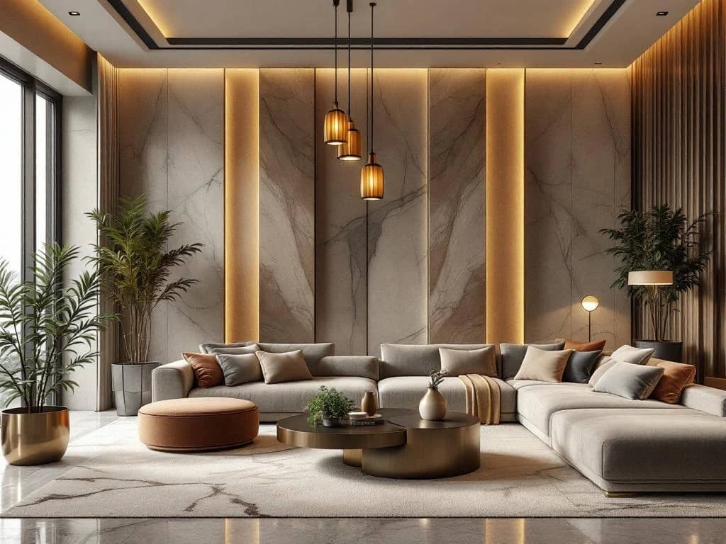 Luxe moderne woonkamer met marmeren oppervlakken, fluwelen meubilair, gouden accenten en sfeerverlichting