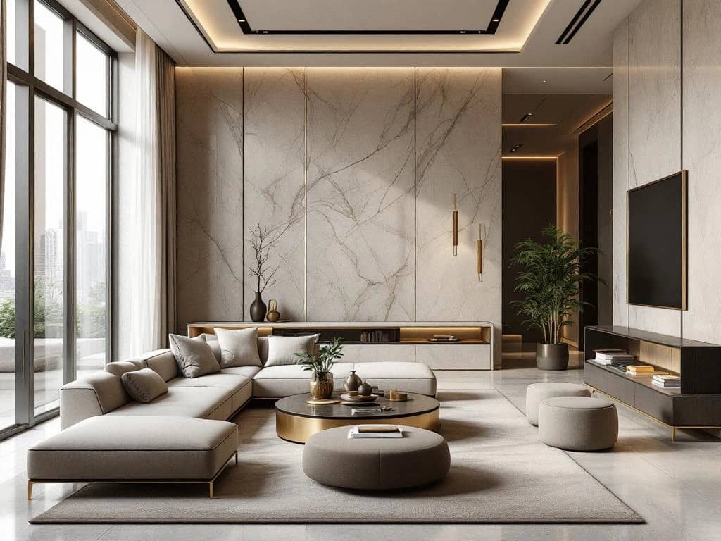 Luxe moderne woonkamer met marmeren oppervlakken, maatwerk meubilair en neutrale kleuren in warm grijs en goud