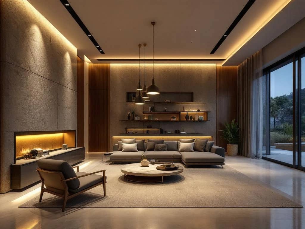 Luxe moderne woonkamer met dramatische architecturale verlichting, marmeren salontafel en getextureerde stenen muren