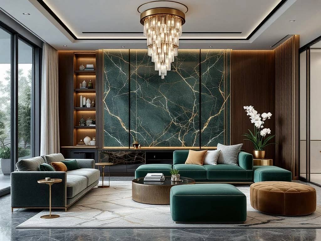 Luxe moderne woonkamer met marmeren oppervlakken, fluwelen meubilair en kristallen kroonluchter in goud en smaragd tinten