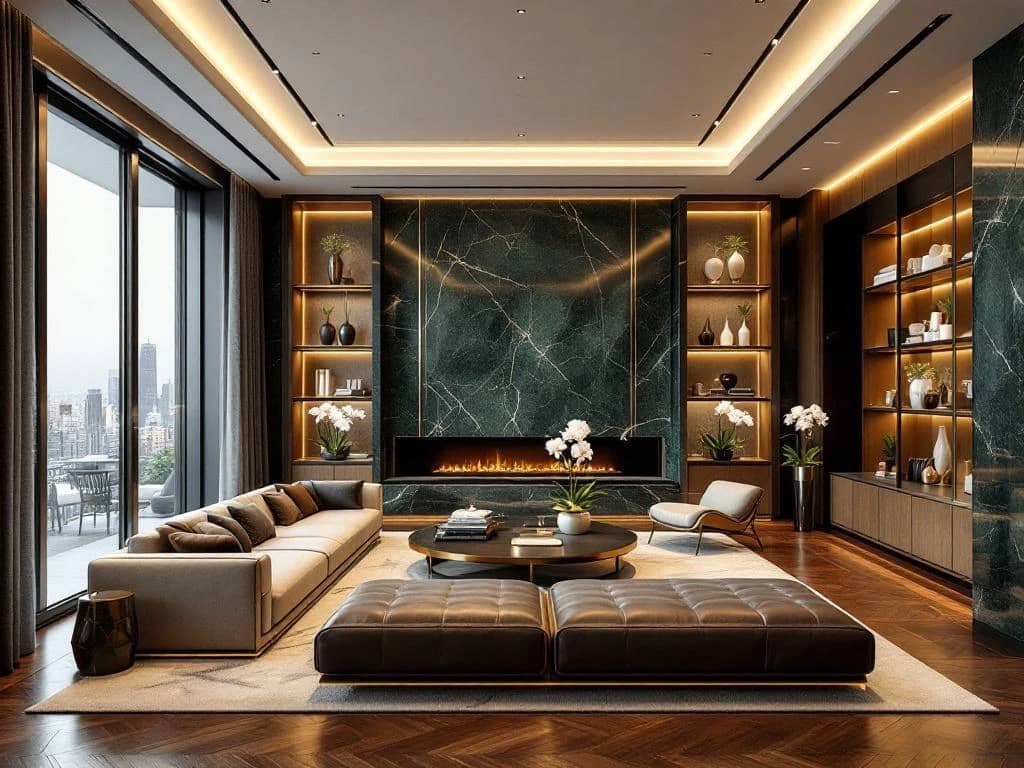 Luxe moderne woonkamer met marmeren oppervlakken, leren meubels, messing accenten en smaragdgroene kleurtinten