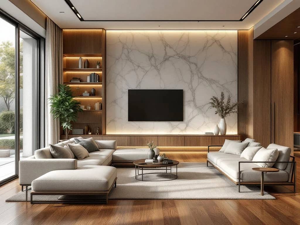 Luxe moderne woonkamer met walnotenhout vloer, Carrara marmer accent muur en eiken planken met stalen frames