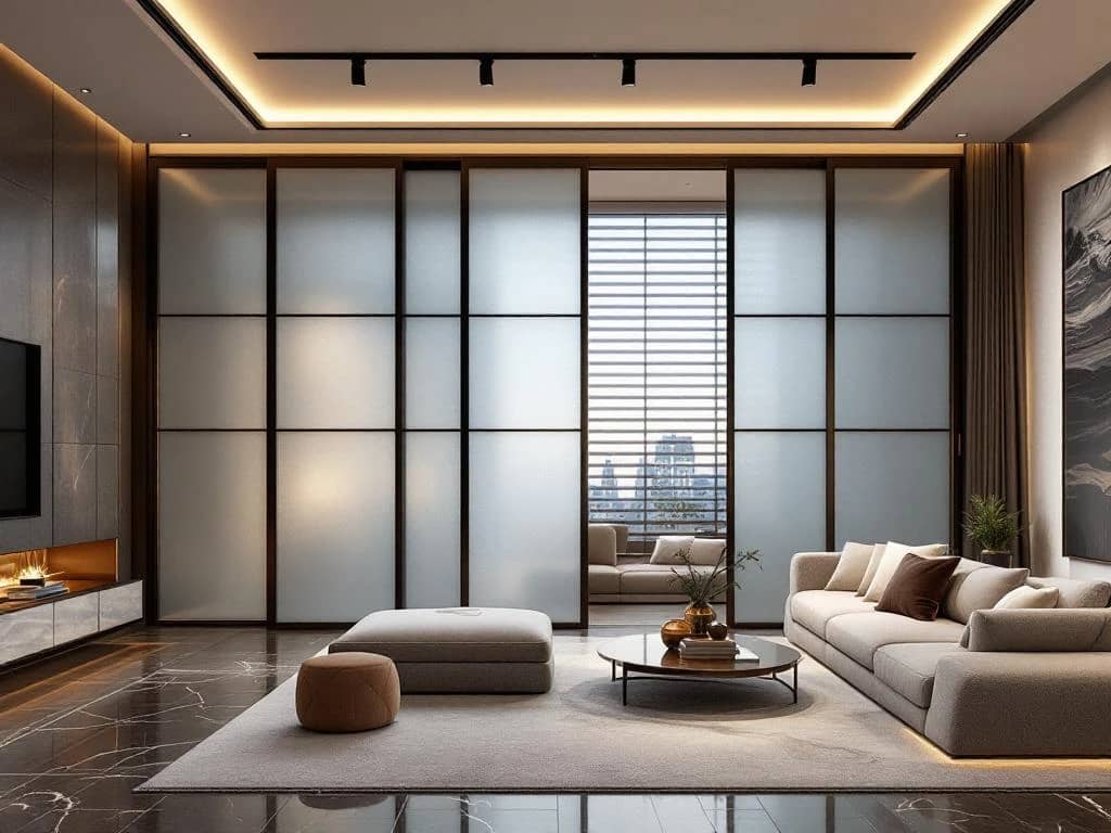 Luxe moderne woonkamer met privacy-elementen: matglazen panelen, gemotoriseerde zonwering en strategische verlichting