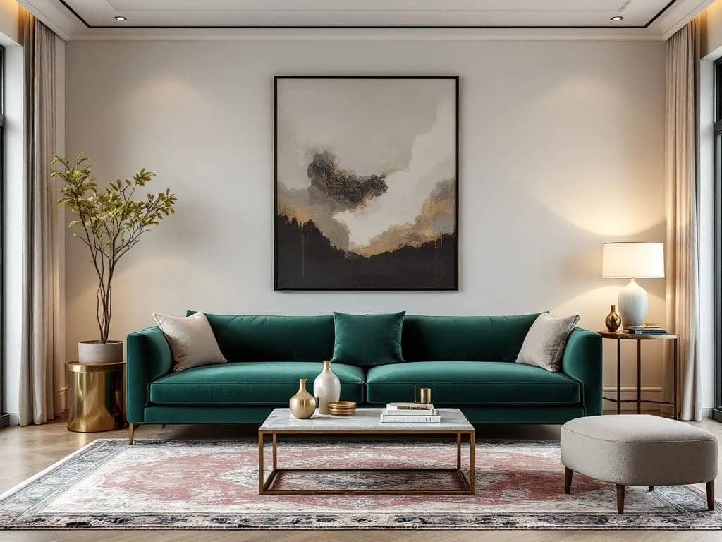 Luxe moderne woonkamer met smaragdgroene fluwelen bank, marmeren salontafel en vintage Perzisch tapijt