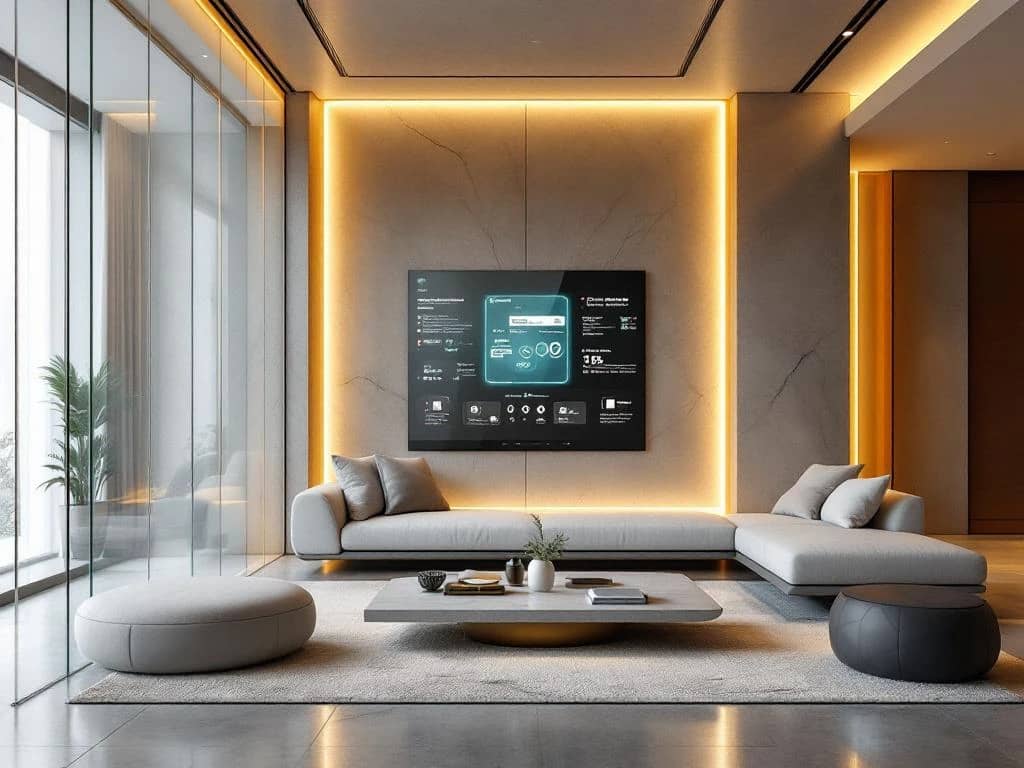 Luxe moderne woonkamer met slimme glaspanelen, holografische interface en duurzame meubels met geïntegreerde technologie