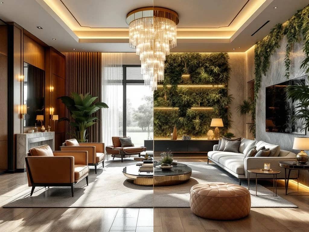 Luxe woonkamer toont contrast tussen traditionele opulentie en duurzame materialen met warme verlichting