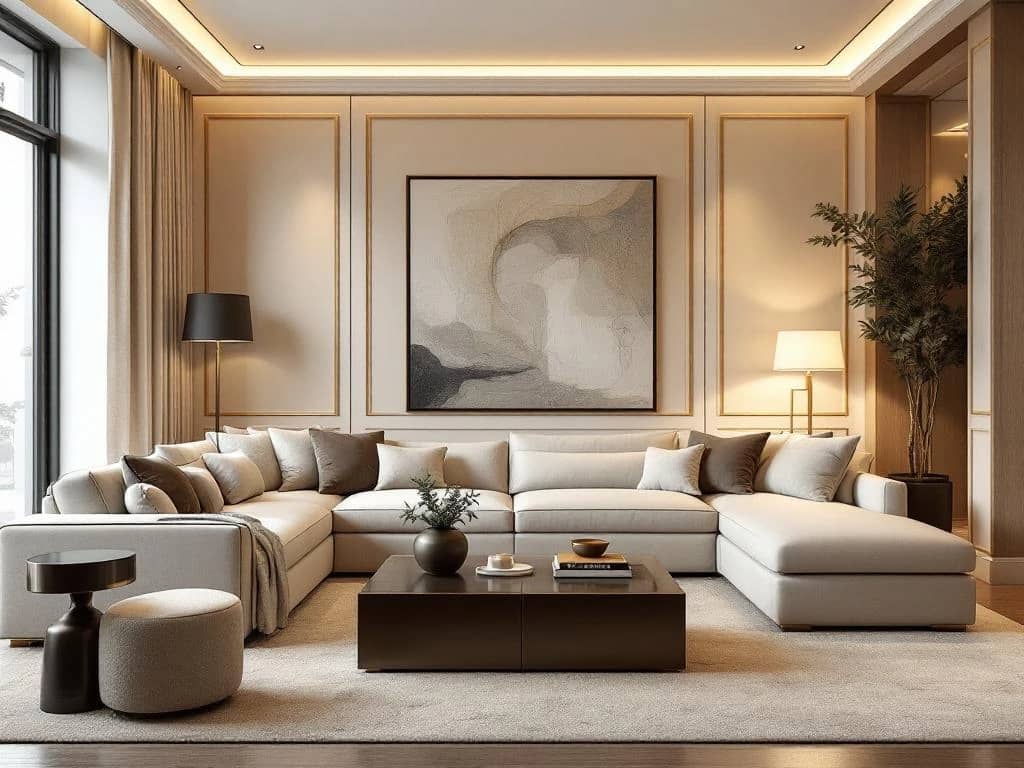 Luxe woonkamer met elegante hoekbank, salontafel en kunstwerken in harmonieuze gouden ratio-indeling met neutrale tinten