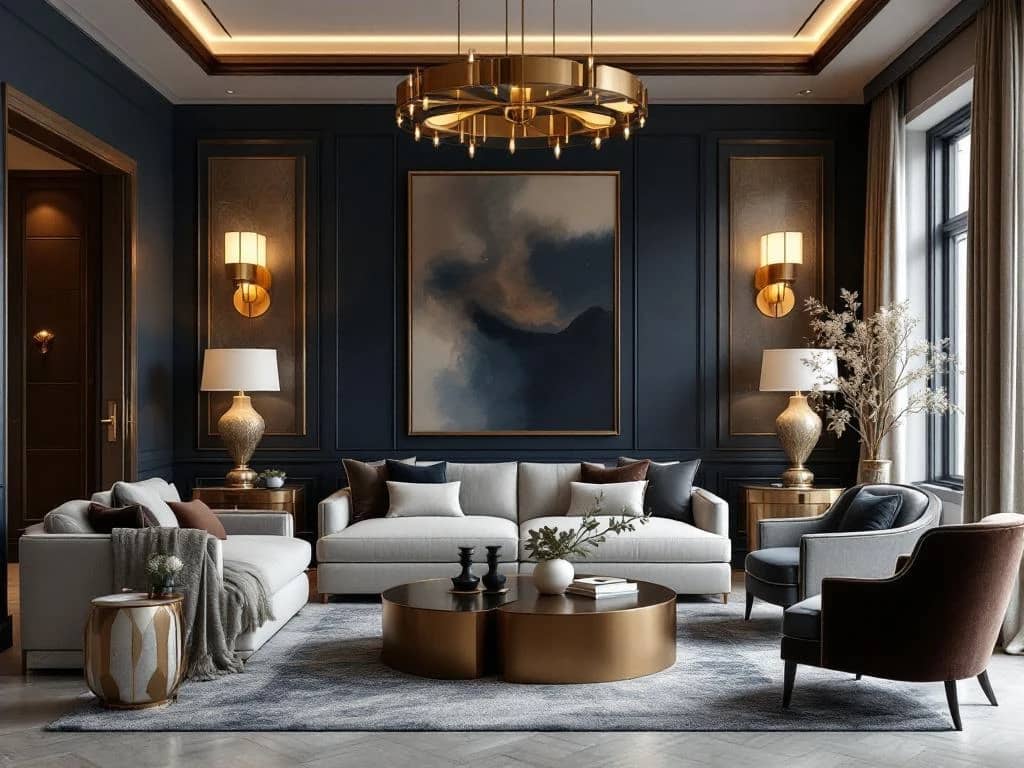 Luxe woonkamer met op maat gemaakte meubels in marineblauw, goud en crème met fluwelen bekleding en marmeren details