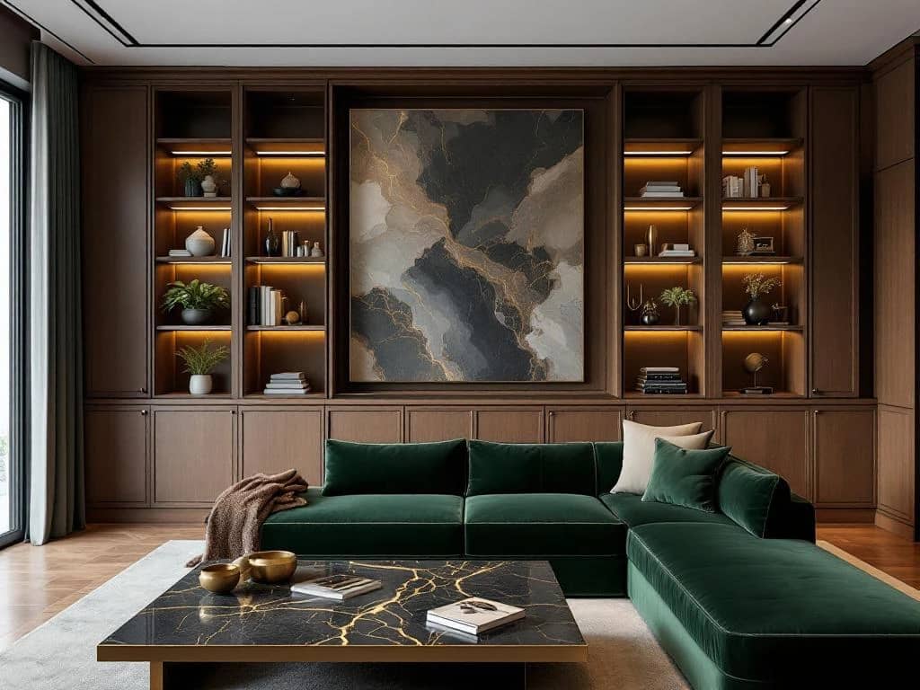 Luxe moderne woonkamer met marmeren salontafel, walnotenhouten kasten en smaragdgroene fluwelen bank