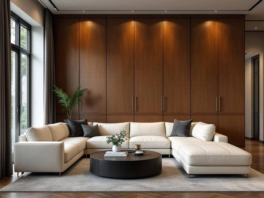 Luxe woonkamer met op maat gemaakte walnotenhouten kasten, crème leren bank en professionele verlichting