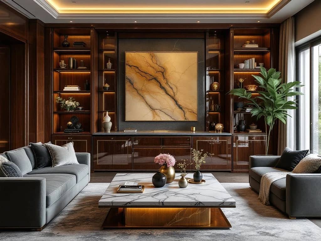 Luxe moderne woonkamer met mahonie kasten, marmeren salontafel en custom meubilair in warme gouden verlichting