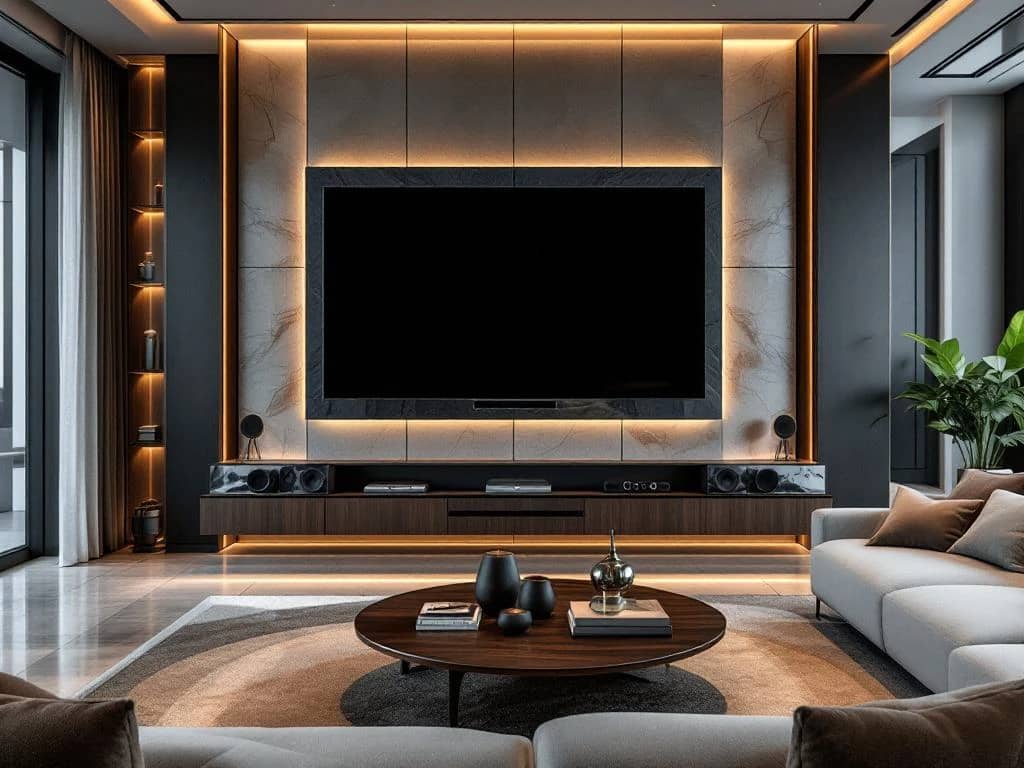 Luxe moderne woonkamer met verborgen technologie, onzichtbare TV, ingebouwde speakers en slimme verlichting