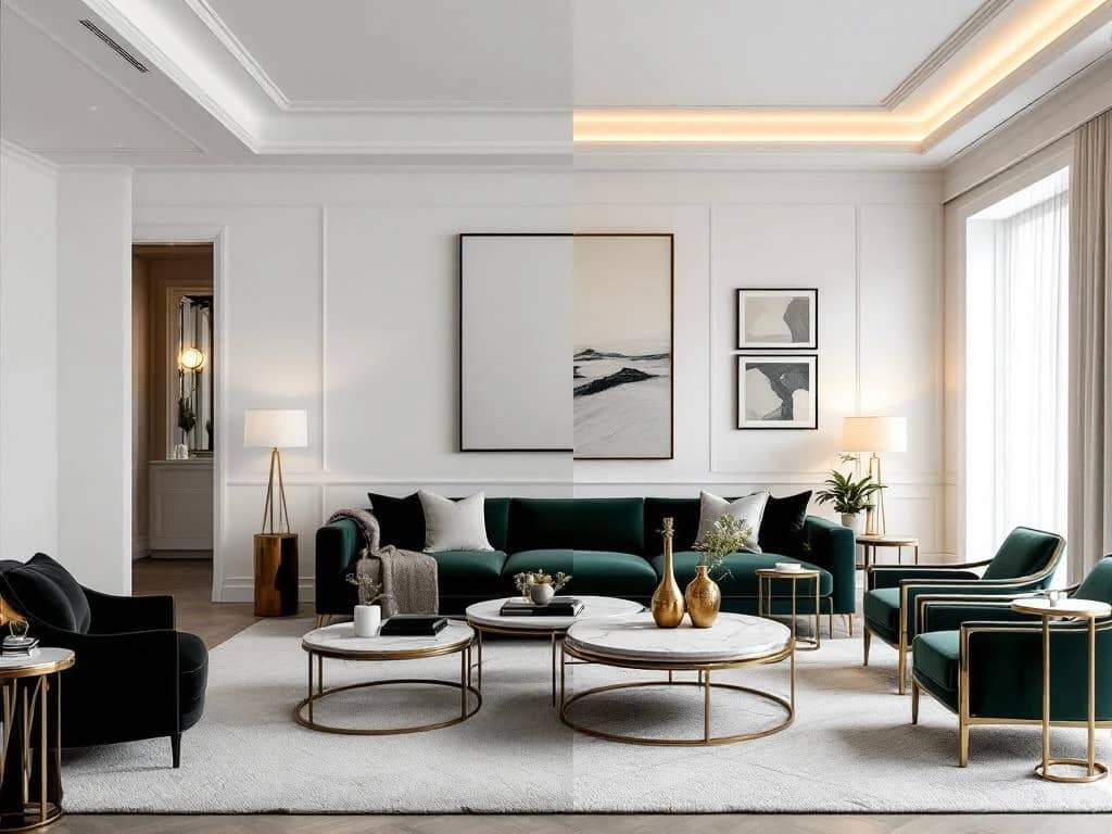 Voor-en-na transformatie van woonkamer: kale ruimte wordt luxe interieur met fluwelen meubilair en messing verlichting