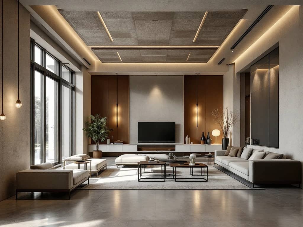 Moderne open kantoorruimte met geïntegreerde akoestische panelen, zwevende plafondlamellen en stijlvolle geluidsabsorberende elementen