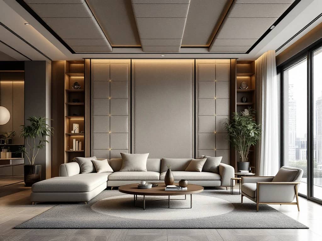 Moderne luxe woonkamer met houten akoestische panelen, stijlvolle geluidsabsorberende meubels en warme sfeerverlichting