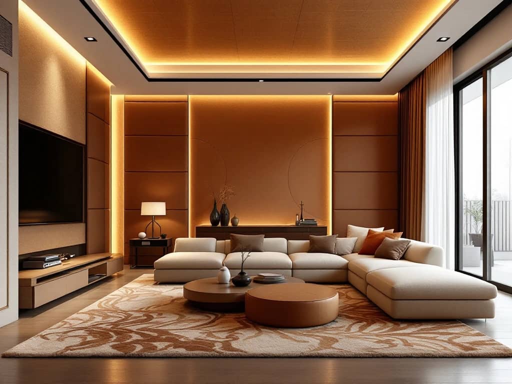 Luxe moderne woonkamer met akoestische wandpanelen, houten plafondbaffles en zachte meubels in aardtinten