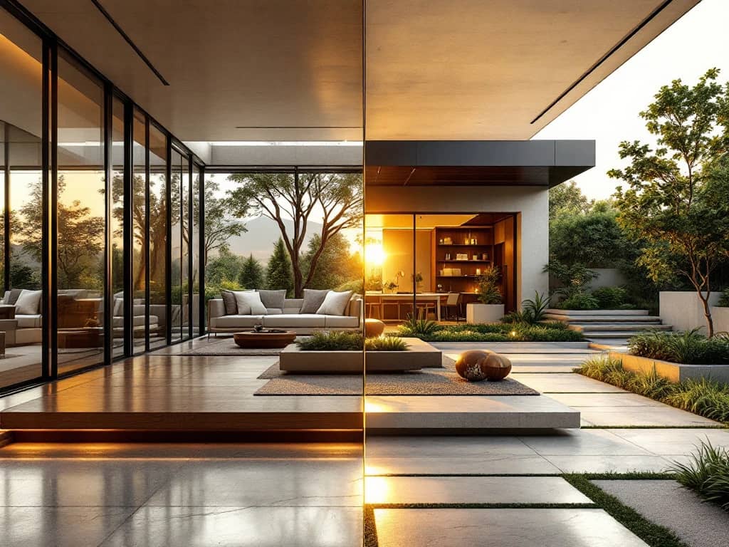 Luxe moderne woonkamer met vloer-tot-plafond ramen naast eigentijds terras met natuursteen en planters