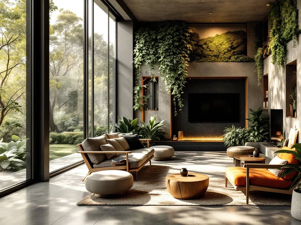 Moderne woonkamer met biofiel design, natuurlijke materialen, planten en grote ramen met uitzicht op groen.