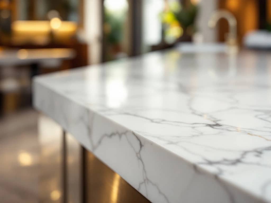 Luxe wit Carrara marmer met natuurlijke adering en gouden verlichting in moderne interieuromgeving