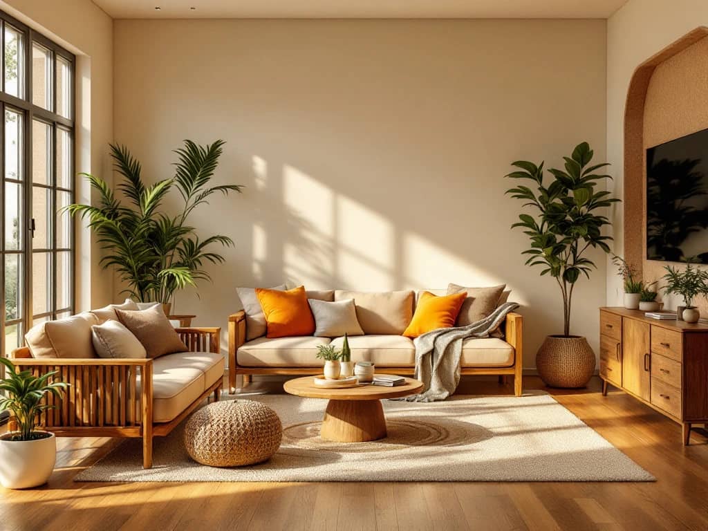 Luxe woonkamer met duurzame elementen: gerecycled houten meubels, biologisch katoenen bank, bamboe vloer en planten